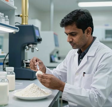 A high-end, clean industrial laboratory setting. A professional in a South Asian / Indian industrial uniform is carefully inspecting high-quality Guar Gum powder samples. The lighting is bright and sterile, with accents of dark navy and gold equipment in the background.
