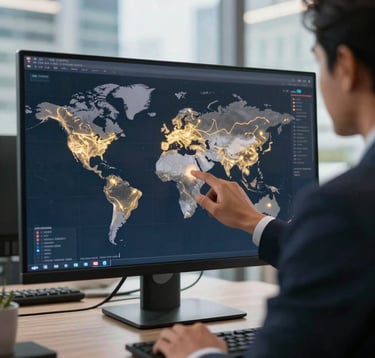 A sophisticated corporate office environment in a South Asian / Indian city. A professional is reviewing a digital world map on a sleek monitor, highlighting key trade routes in glowing gold lines against a dark navy background.