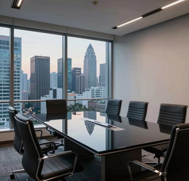 A sophisticated corporate boardroom setting in a South Asian / Indian metropolitan center. The room features a minimalist black glass table, sleek ergonomic chairs, and a large window overlooking a modern city skyline at dusk.