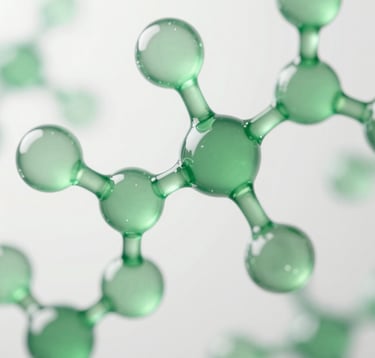 Close-up macro photography of complex molecular bonds and translucent green structures, representing biotechnology and innovation, with a clean white and soft green palette, sophisticated lighting.