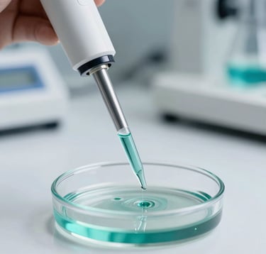 Close-up of a high-precision pipette depositing a teal-colored liquid into a glass petri dish inside a clean-room laboratory in Brazil. The lighting is crisp and white, emphasizing pharmaceutical purity and scientific innovation.