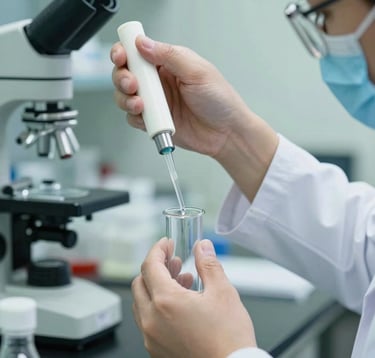Close-up of a professional scientist's hands in a South American laboratory setting, precisely pipetting liquid into a clear glass vial, surrounded by modern equipment and soft green and white hues.