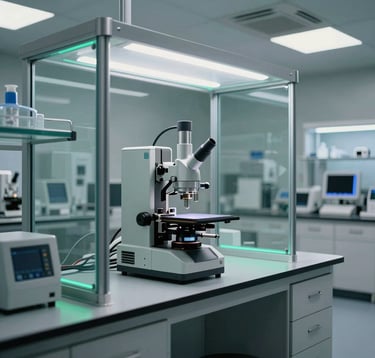 An ultra-modern Brazilian laboratory interior with sleek glass surfaces, stainless steel details, and subtle green glowing lines, showing high-tech analytical equipment in a professional setting.