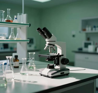 A minimalist photography of laboratory glassware and a microscope in a high-tech South American / Brazilian facility. Soft daylight hits the equipment, creating sharp shadows and highlighting the clean, emerald green accents of the room.