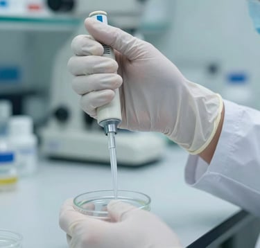 A close-up of a South American / Brazilian researcher's hand in a white glove, carefully holding a pipette over a transparent plate. The background is a blurred, high-tech lab with teal and white tones.