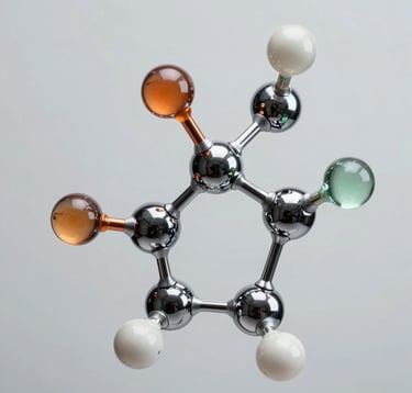 Macro photography of an elegant molecular structure model made of polished chrome and glass, reflecting soft orange and green lights. The composition is clean and minimalist, representing the intersection of science and high performance.
