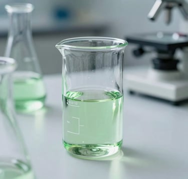 Clean and professional shot of laboratory glassware with a soft green liquid, reflecting clinical precision and the sophisticated aesthetic of modern biotechnology in a South American context.