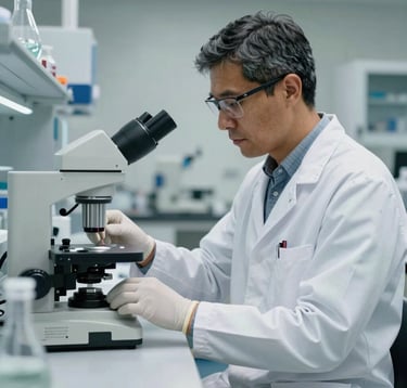A professional South American / Brazilian scientist in a white coat working with focus and precision in a modern biotechnology lab, surrounded by advanced scientific instruments.