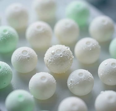 Macrophotography of elegant molecular structures or microscopic crystals, illuminated with soft white and light green lights, conveying a sense of purity, precision, and high-standard biotechnology.