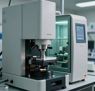 Modern precision laboratory equipment in a Brazilian research facility, featuring sleek metallic and glass textures with subtle green reflections, conveying scientific authority.