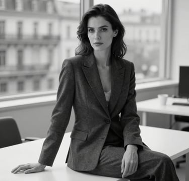 A professional portrait of a woman in a high-quality charcoal suit, sitting in a minimalist white office with a blurred urban European background. Soft, flattering light, elegant posture, reflecting leadership and grace. Black and white.