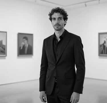 A sharp, professional portrait of a man in a tailored black blazer, standing in a bright, minimalist gallery-like space in Porto. The composition is clean and centered, conveying authority and European sophistication. Black and white photography.