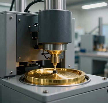 Clean, industrial photography of high-tech gold refining machinery within a modern facility in Bahrain. The scene features soft grey surfaces, deep charcoal details, and golden metallic reflections from the precision equipment.