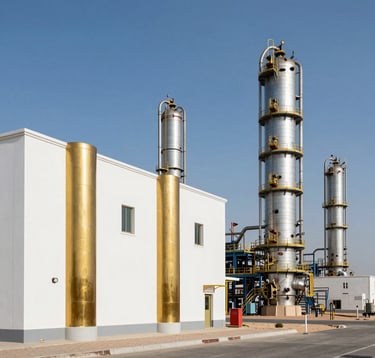 Exterior architectural photography of a state-of-the-art industrial refinery in a Middle Eastern / Gulf desert landscape, featuring sleek white walls and bold metallic gold accents under a bright, clear blue sky, emphasizing corporate stability and industrial power.