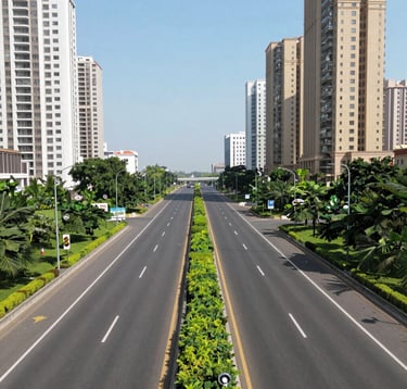 Daytime photography of the wide, multi-lane Noida-Greater Noida Expressway. The road is flanked by manicured green verges and striking modern residential towers. The lighting is bright and clear, emphasizing the cleanliness and scale of the South Asian infrastructure.