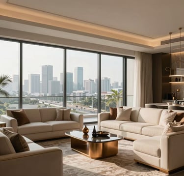 A wide-angle photograph of a luxury apartment living room in Noida. Floor-to-ceiling windows show the Expressway skyline. The interior features contemporary South Asian / Indian decor, cream-colored sofas, and bronze accents. Soft morning light, elegant and spacious feel, photography.