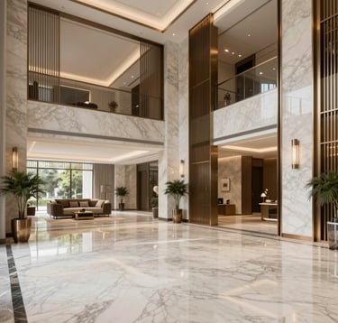 Interior photography of a luxury high-rise residential lobby in Noida. The space features polished off-white marble floors, elegant bronze accents, and minimalist South Asian decor. The lighting is soft and professional, creating an atmosphere of reliability and modern luxury.