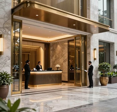 A close-up photograph of a luxury high-rise entrance and concierge lobby. Polished marble floors, brass accents, and professional staff in smart attire. The setting reflects a high-end South Asian / Indian corporate real estate environment.