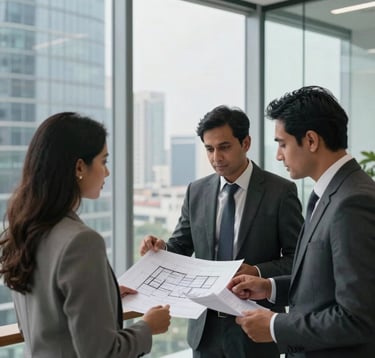 Professional photography of a real estate consultation in a sophisticated glass-walled office in Noida. A broker and a client are looking at architectural plans. The background shows a panoramic view of the city skyline. Professional business attire in a South Asian corporate context.