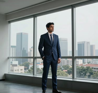 Professional architectural photography of a man in a tailored dark blue suit, standing inside a minimalist high-rise office. Through the large windows, the modern skyline of Noida is visible. South Asian / Indian context. Elegant lighting.