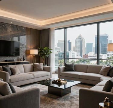 An interior shot of a luxury high-rise living room in Noida with floor-to-ceiling windows overlooking a modern cityscape. The room is decorated in a sophisticated palette of slate gray and off-white with South Asian / Indian contemporary accents and soft, warm lighting.