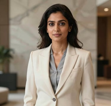 Professional studio portrait of a woman in sophisticated business attire, featuring a soft cream and slate grey palette. The background is a blurred high-end lobby with marble textures. South Asian / Indian context. Soft, flattering professional lighting.