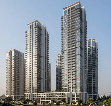 Exterior shot of a cluster of luxury high-rise towers in Greater Noida, showcasing contemporary architecture with clean lines and green terraces. The scene is set in bright midday sun with a clear sky. South Asian / Indian urban landscape with manicured gardens at the base. High-end real estate photography.