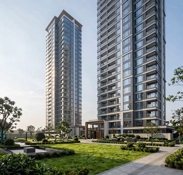 A wide-angle exterior view of a premium residential skyscraper complex in Greater Noida, featuring modern glass architecture and lush landscaped gardens. The scene is bright and airy, reflecting a high-end South Asian / Indian urban residential development.