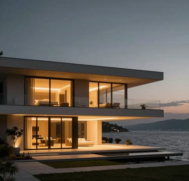 Architectural photography of a minimalist luxury waterfront villa in Bodrum. Warm golden lighting emanating from interior spaces, contrasting with the anthracite sky. Elegant and exclusive. Turkish / Global setting.