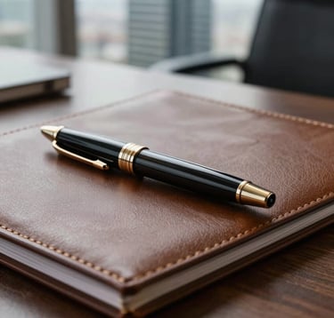 Close-up of a high-end office desk with a luxury pen, a leather-bound folder, and a blurred view of a modern skyscraper in the background. The mood is analytical and secure. Turkish / Global setting.