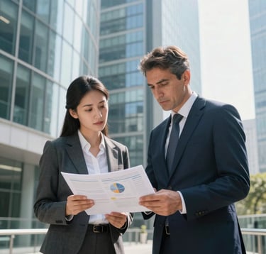 Two professionals in tailored business attire discussing market reports in a bright, modern corridor of a glass skyscraper. Lighting is professional and clear. Turkish / Global setting.