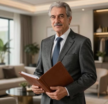 Professional studio portrait of a senior real estate consultant in a tailored anthracite suit, holding a leather folder, standing in front of a blurred luxury apartment interior. Professional lighting, sophisticated mood, Turkish / Global context.