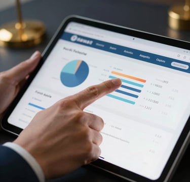 Close-up of a hand in a suit pointing to a real estate analytics dashboard on a tablet. Sharp focus, professional lighting, with a background of dark navy and gold decor. Turkish / Global setting.