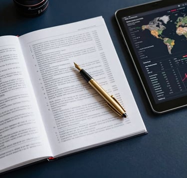 Clean, top-down view of a dark navy desk with an open analytical report, a gold fountain pen, and a digital tablet showing real estate market trends and charts. Sophisticated atmosphere, Turkish / Global setting.