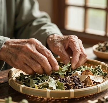 A close-up shot of hands belonging to a Dao elder, carefully sorting traditional medicinal herbs on a bamboo tray. The scene is illuminated by warm, natural sunlight filtering through a wooden window. The palette features organic greens (#5C7C54) and earthy tones, conveying wisdom and authenticity.