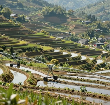 An empowering shot of a modern, sustainable irrigation project integrated into a traditional Dao terraced field. The scene features bright, hopeful daylight and a clean, organized composition highlighting the blend of ancient land and forward-looking development.