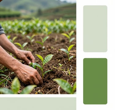 An evocative landscape shot of fertile highland soil with young organic tea saplings being planted. The composition is grounded and earthy, showing hands working the soil. The lighting is natural and serene, featuring the brand's sage green (#A8B59F) and forest green (#5C7C54).