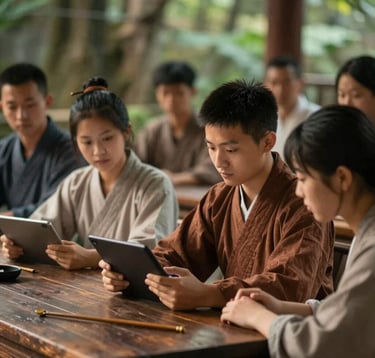 A group of young Dao people gathered in a community hall made of dark wood. They are engaged in a workshop, looking at a digital tablet with expressions of focus and empowerment. The lighting is warm and hopeful, with subtle hints of forest green (#1A3D2F) in the background.