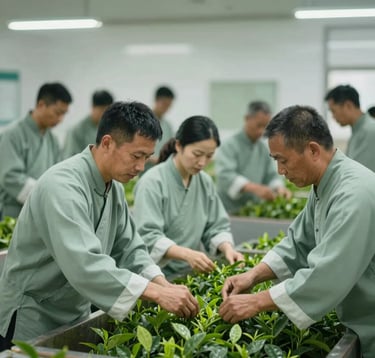 A group of Dao community members, dressed in traditional attire with subtle #1A3D2F accents, working together in a premium tea processing facility. The atmosphere is bustling and collaborative, showcasing economic empowerment and community pride.