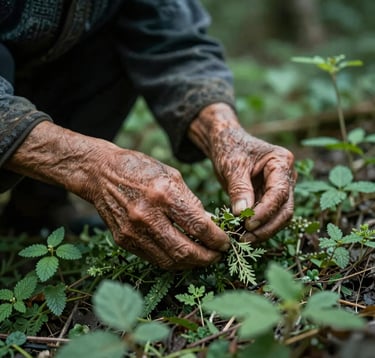 A close-up, authentic photograph of a Dao elder's weathered hands carefully harvesting wild herbs in a lush, green forest. The lighting is dappled and natural, emphasizing the textures of the plants and the skin. The image uses #5C7C54 and #A8B59F tones to convey heritage and quality.