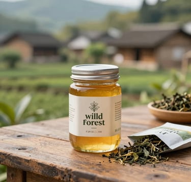 A lifestyle product shot featuring a jar of golden wild forest honey and a pack of hand-dried herbal tea leaves on a rustic wooden table. In the background, a soft-focus view of a Dao village. The color palette is warm and natural, using #F5F5EC and #5C7C54.