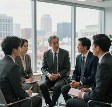 A group of professionals in tailored business attire having a discussion in a bright, modern office with large floor-to-ceiling windows overlooking a North American urban landscape. The lighting is soft and natural.