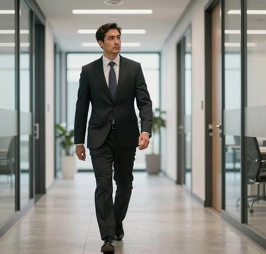A professional in business attire walking through a brightly lit, modern office hallway in a North American corporate building, conveying a sense of progress and reliability.