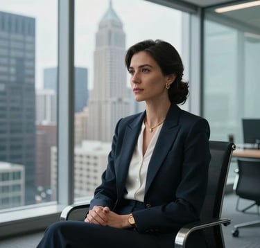 A sophisticated female executive sitting in a modern glass-walled office overlooking a bustling North American metropolitan area. She is dressed in corporate attire with gold jewelry, conveying success and expertise in global mobility.