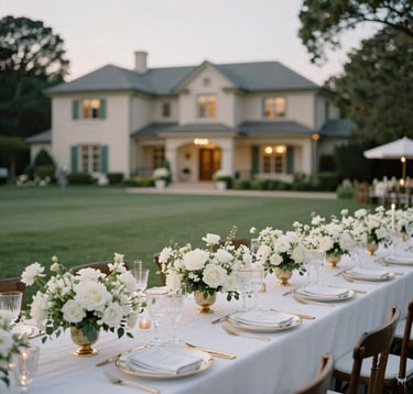A sophisticated destination wedding setup on a manicured North American estate, featuring white floral arrangements, gold-rimmed glassware, and elegant outdoor seating under clear evening lighting.