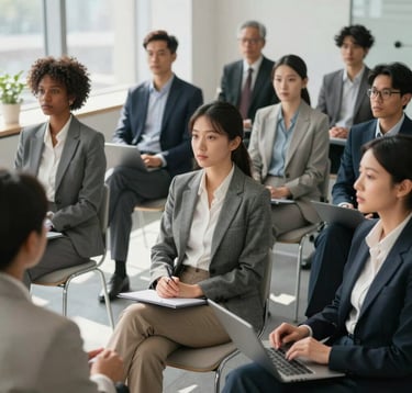 A group of diverse professionals in business attire participating in a structured corporate training session within a bright, modern North American office. Natural light illuminates the focused and collaborative environment.