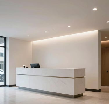 A low-angle shot of a clean, minimalist reception area of a high-end service agency in a North American metropolitan center, featuring structured architectural lines and professional lighting.