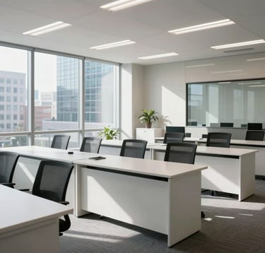 A sophisticated corporate classroom or seminar space in a North American office building, with sleek white furniture and natural light streaming through large windows.
