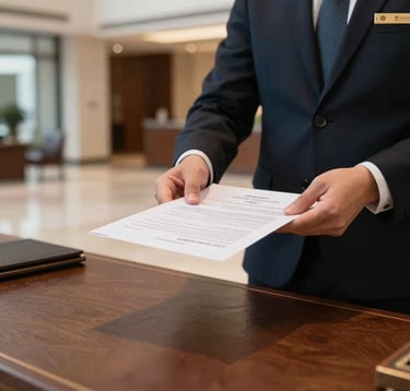 A close-up of a professional concierge handing over documents in a high-end North American office lobby. The focus is on the premium textures of the leather desk and the clean, modern corporate environment.