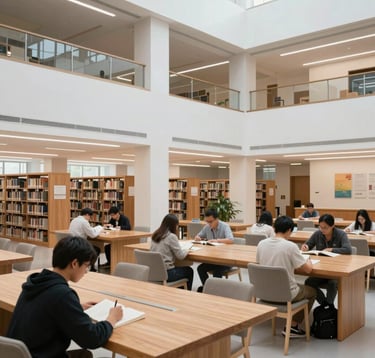 A serene and modern university library interior in North America, with students reading at wooden tables. The architecture features clean lines, white walls, and bright, high-key lighting.